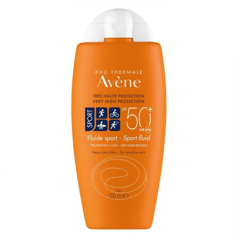 بطری کرم ضد آفتاب اون فلوئید اسپرت ۱۰۰ میل از روبه‌رو با SPF 50+ و آیکون‌های ورزش